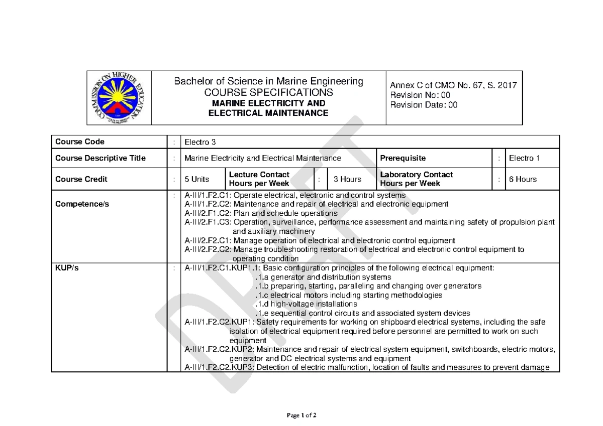 Auxiliary Machinery 1 (Aux Mach 1) Course Specifications 2018-2019 ...