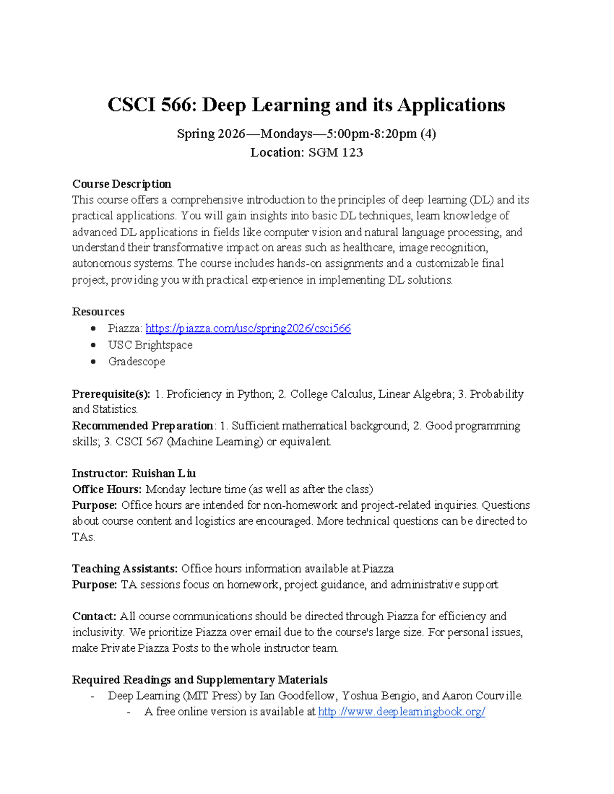 CSCI 566: Deep Learning Applications - Spring 2026 Syllabus - Studocu