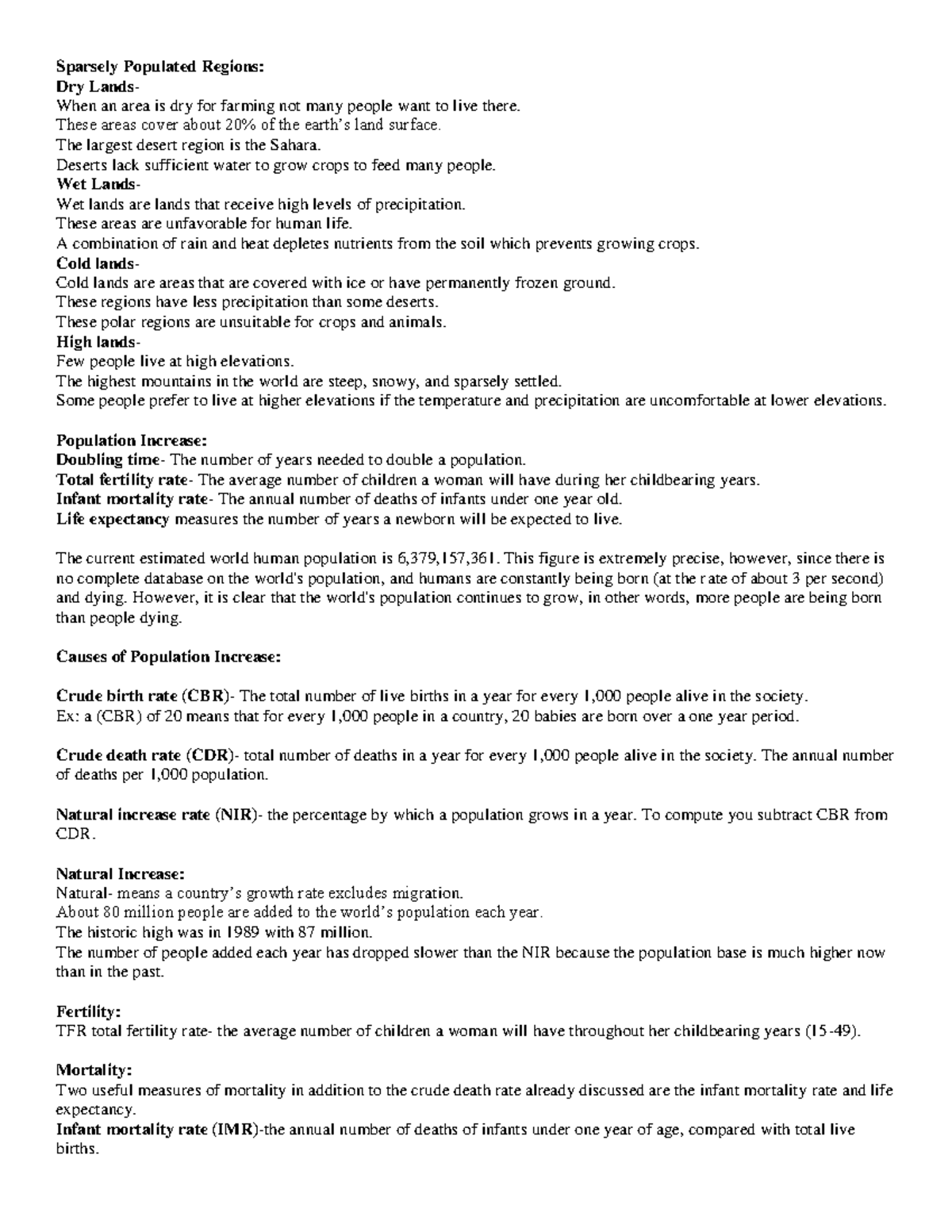 Human Geography Notes: Population Trends and Land Characteristics - Studocu