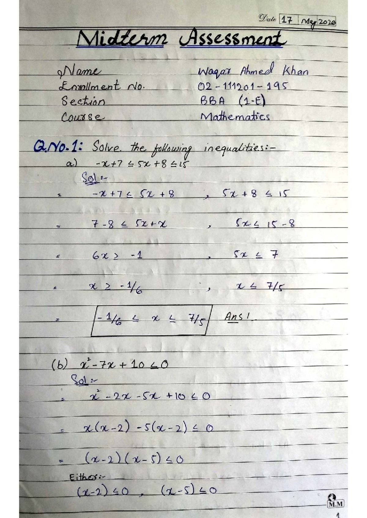 Midterm Assessment BBA Mathematics - 17 May 2020 - Studocu