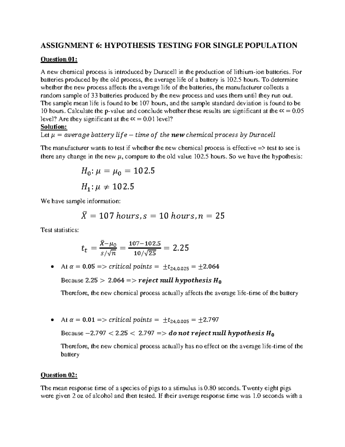 Hypothesis Testing Solutions for Assignment 6 - Chapter 06 - Studocu