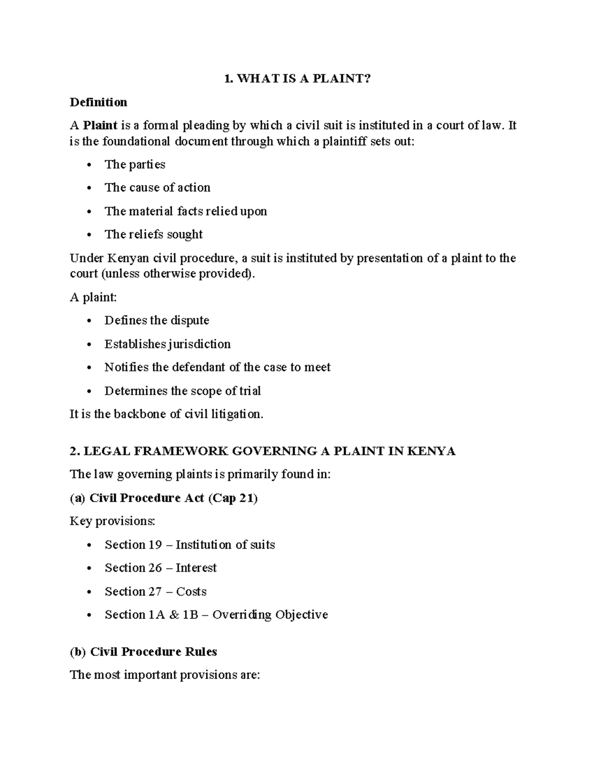 Civil Procedure 2: Understanding Plaint and Judgments in Kenya - Studocu