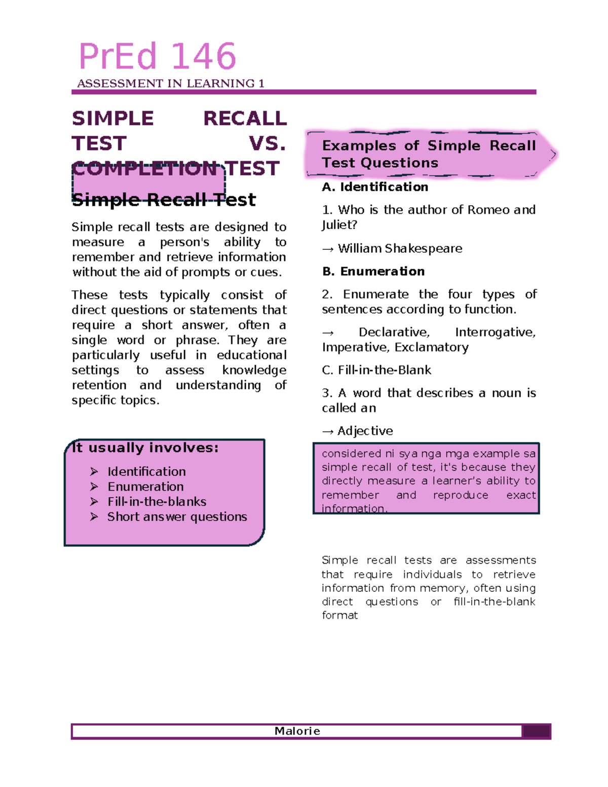 PrEd 146 ASSESSMENT IN LEARNING 1: Simple Recall vs. Completion Tests ...
