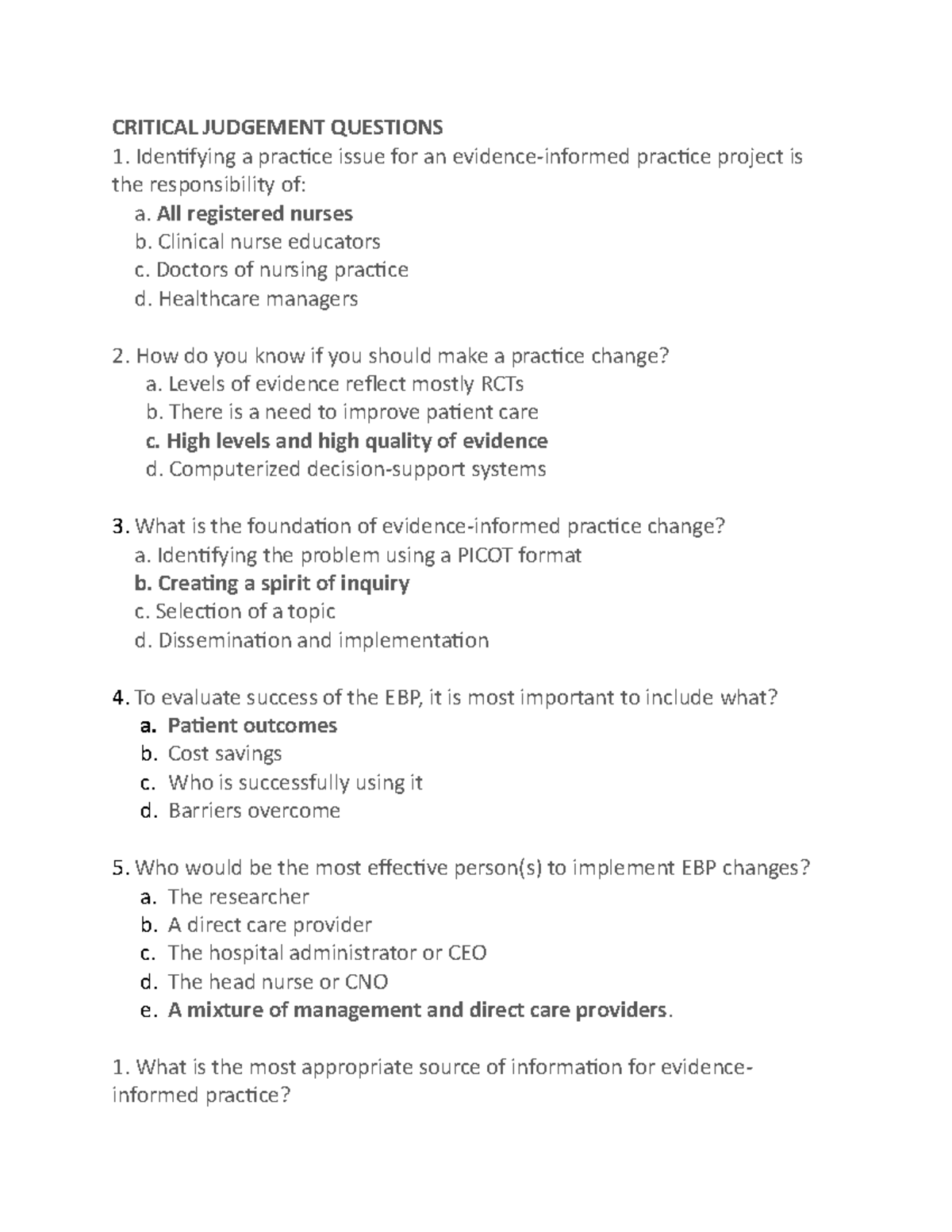NURS 205 Critical Judgment Practice Questions for Evidence-Based ...