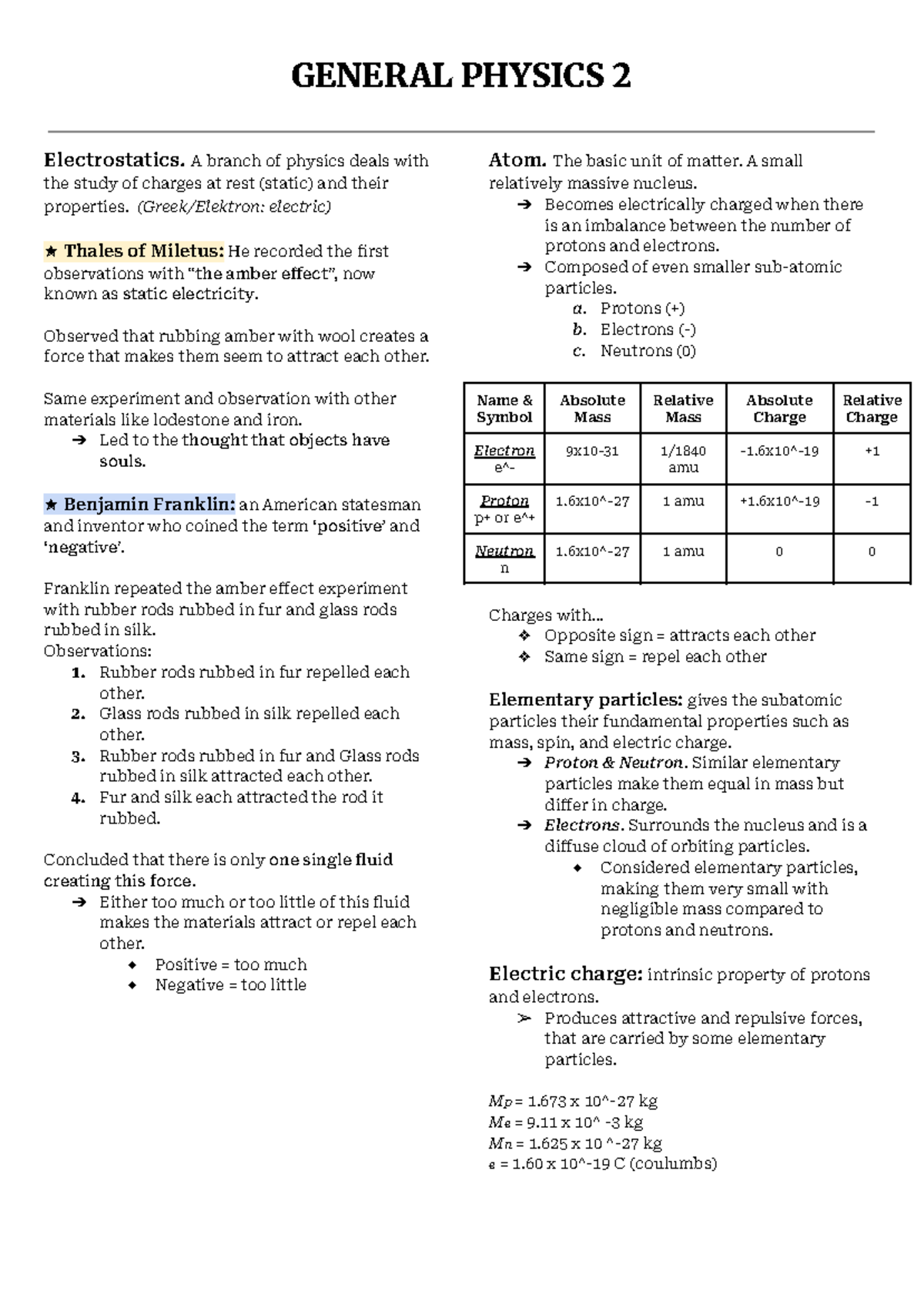 GEN PHYS 2 Final Exam Review: Electrostatics and Electric Forces - Studocu