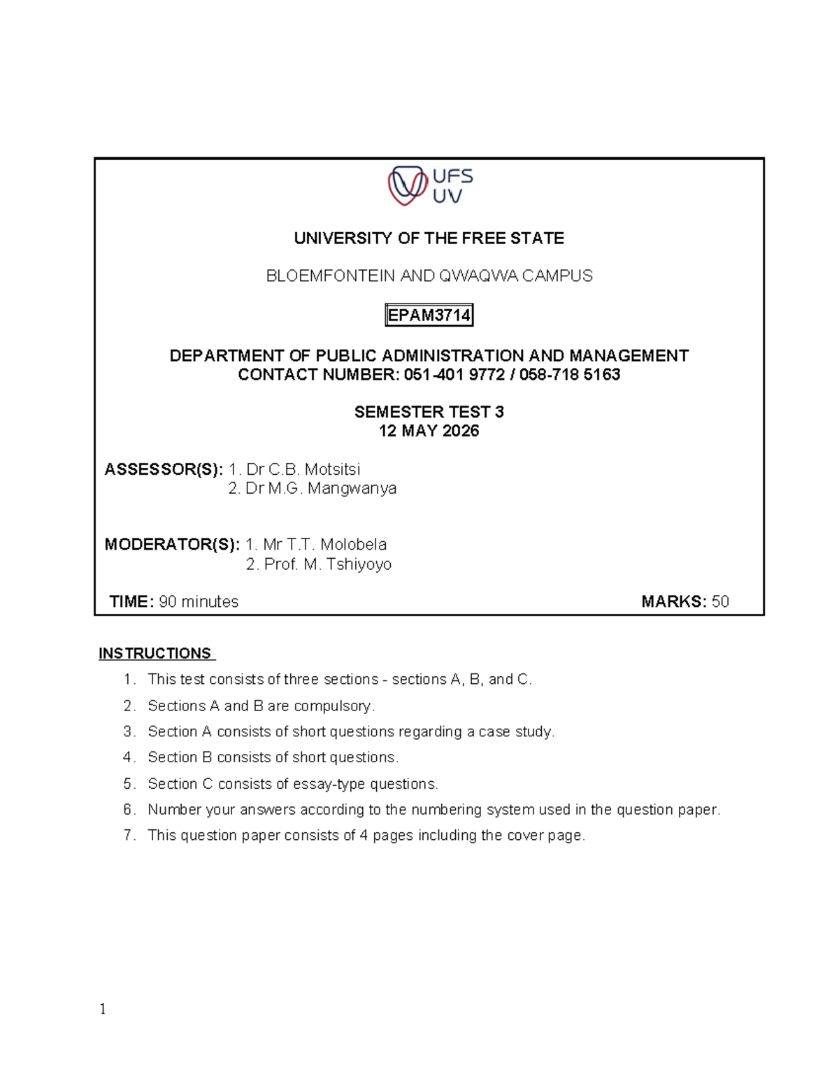 UFS EPAM3714 Public Administration & Management Test 3 Memo 2026 - Studocu