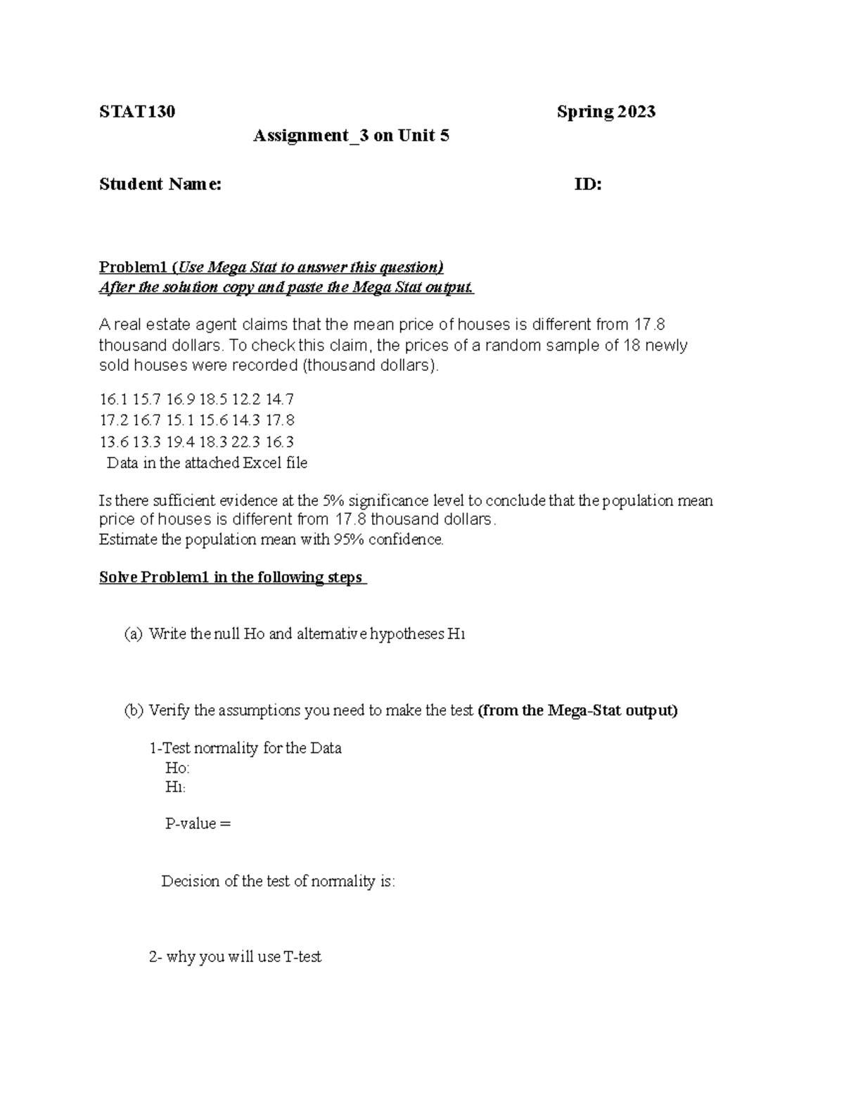STAT130 SP23 Assignment 4: Hypothesis Testing for Unit 5 Topics - Studocu