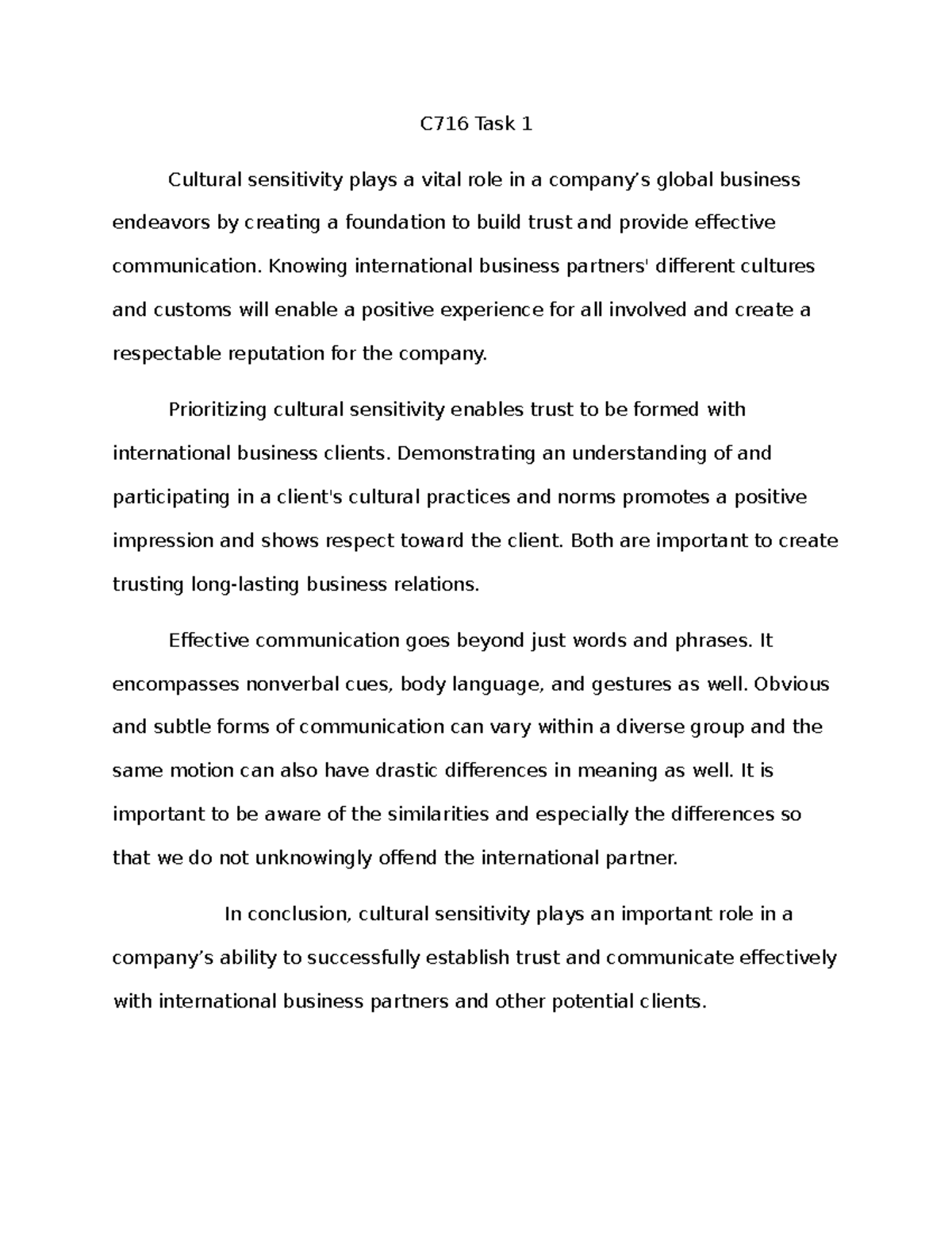 C716 Task 1 - Passed 1st attempt - C716 Task 1 Cultural sensitivity ...