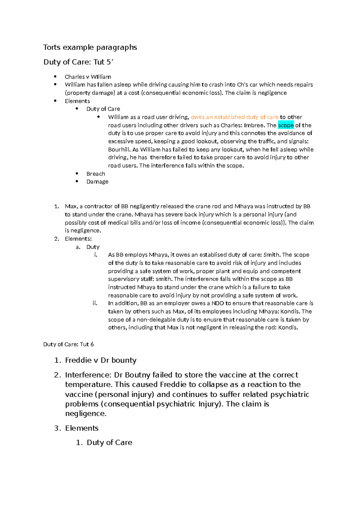 Torts Example Paragraphs: Duty of Care Analysis and Case Studies - Studocu