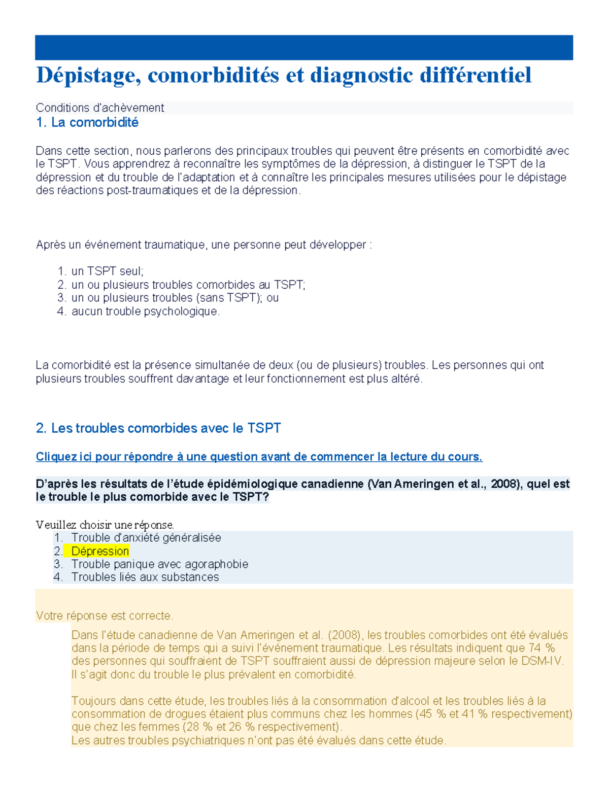 Dépistage et Comorbidités du TSPT - Cours 3 - Studocu