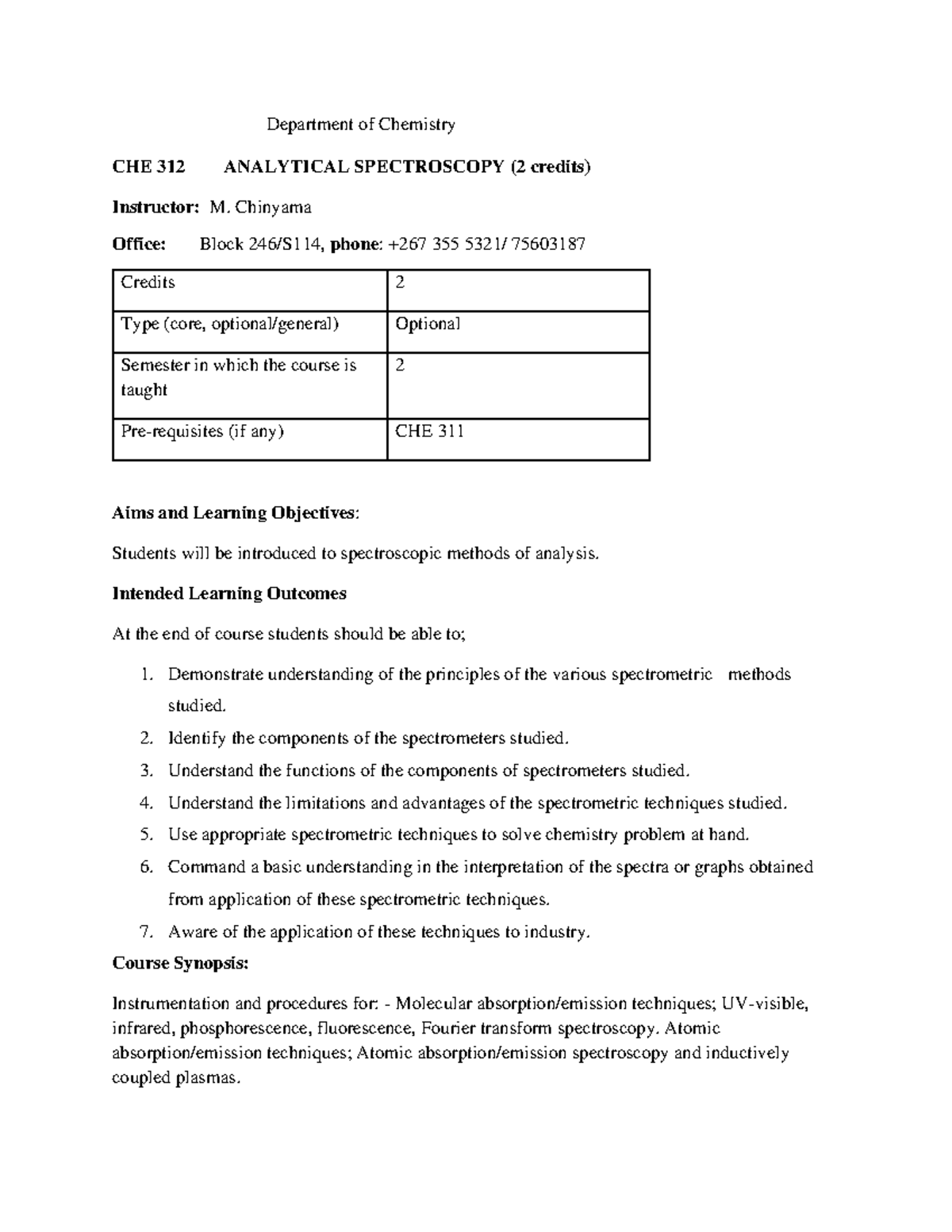 CHE 312 2024 Analytical Spectroscopy Course Outline - Studocu
