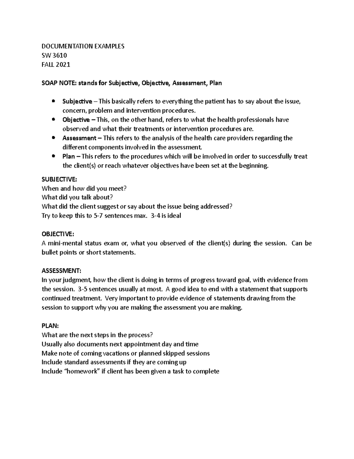 SW 3610 Fall 2021: SOAP Note Documentation Examples - Studocu
