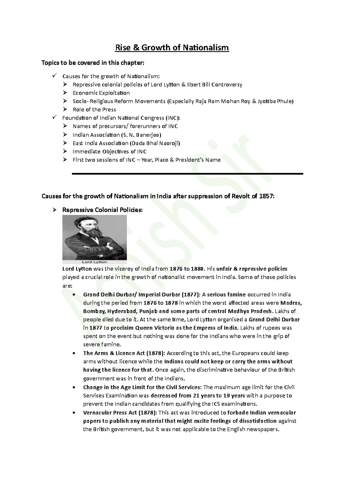 Chapter on the Rise & Growth of Nationalism in India (HIST 101) - Studocu