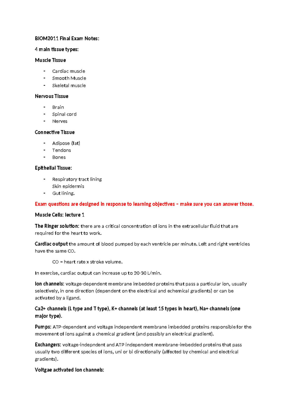 BIOM2011 Final Exam Study Notes on Tissue Types and Functions - Studocu