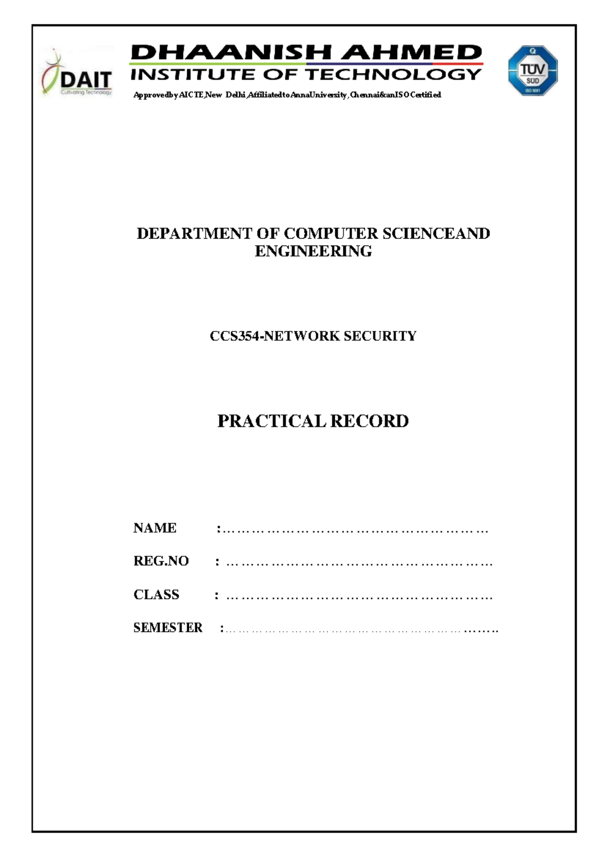 CCS354 Network Security Practical Record: DES, AES, RSA, & More - Studocu