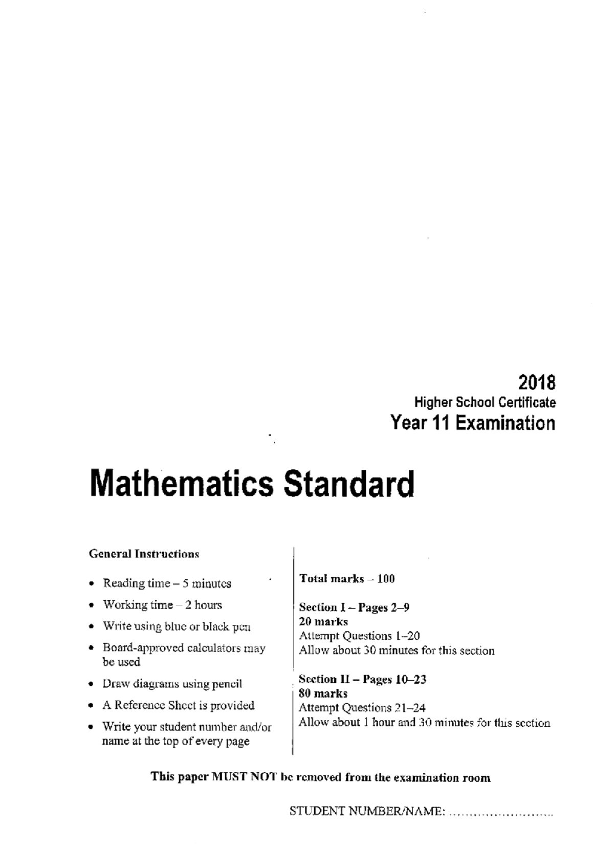2018 HSC Year 11 Mathematics Standard Exam Instructions & Questions ...