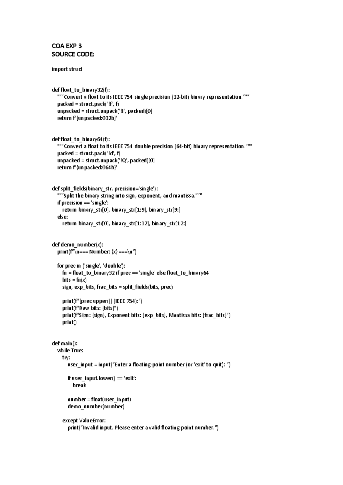 COA EXP 3 - Python Float to Binary Conversion Code - Studocu