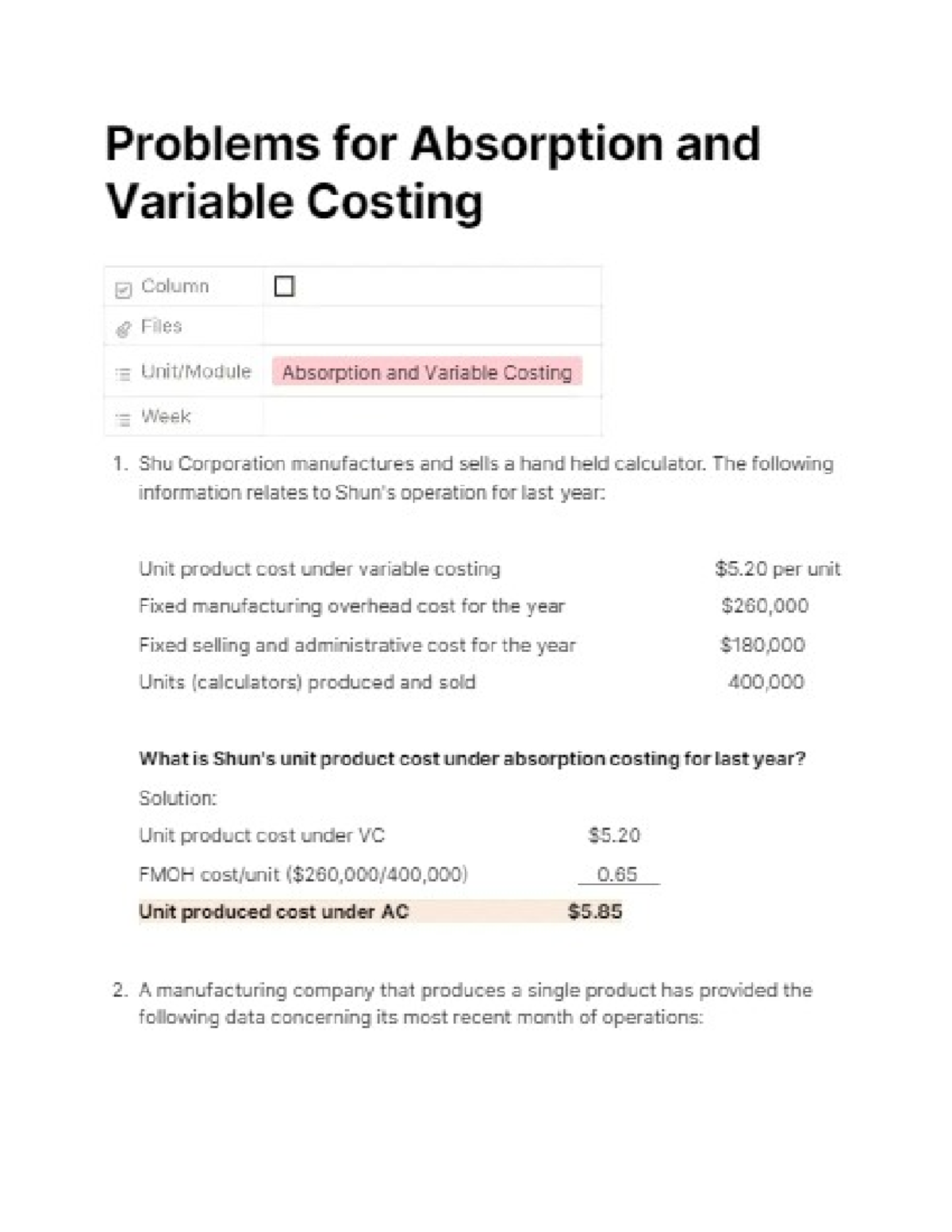 AC and VC - Problems and Solutions for Costing Methods - Studocu