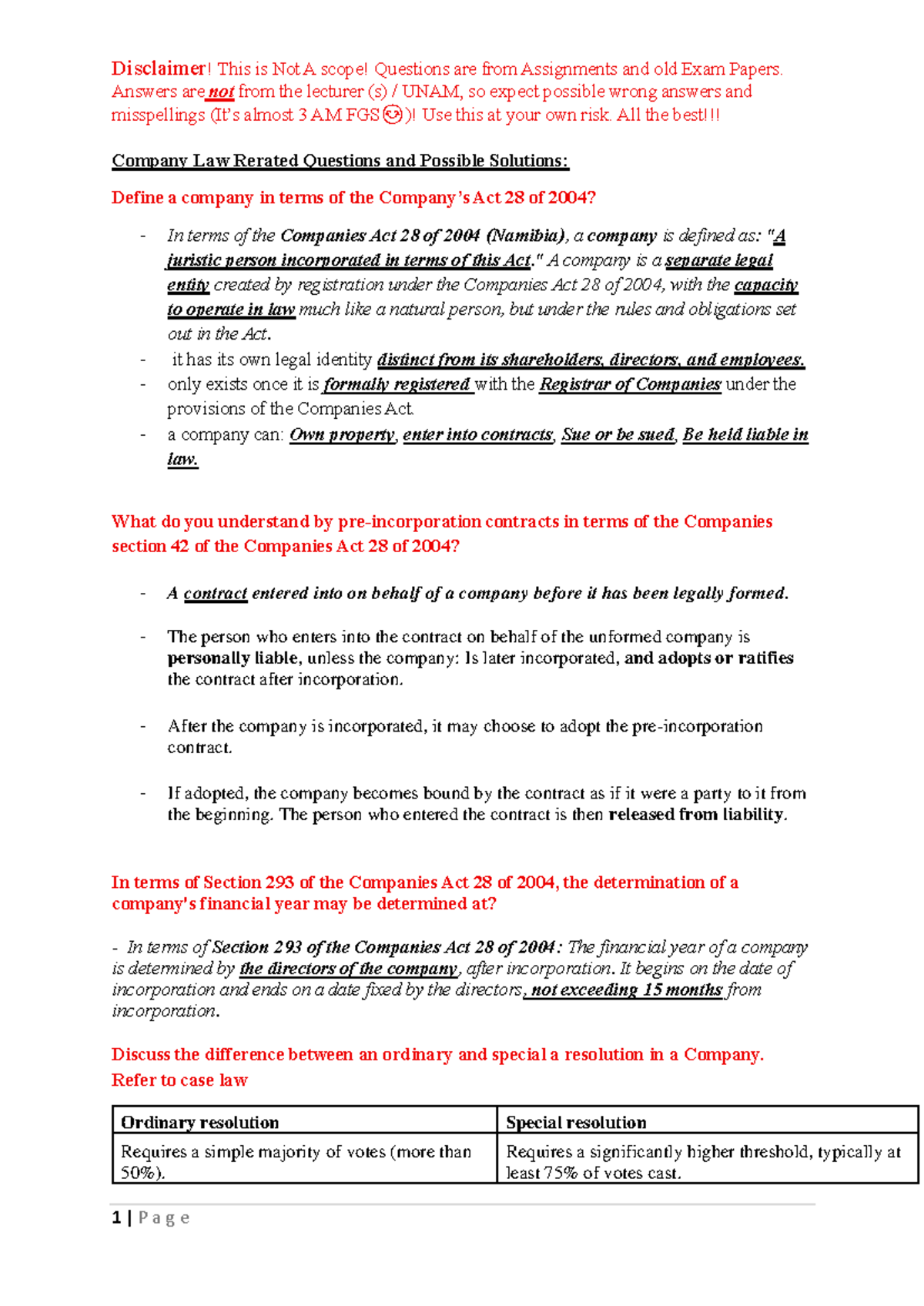 Company Law Practice Materials: Assignments & Exam Questions (Act 28 of ...