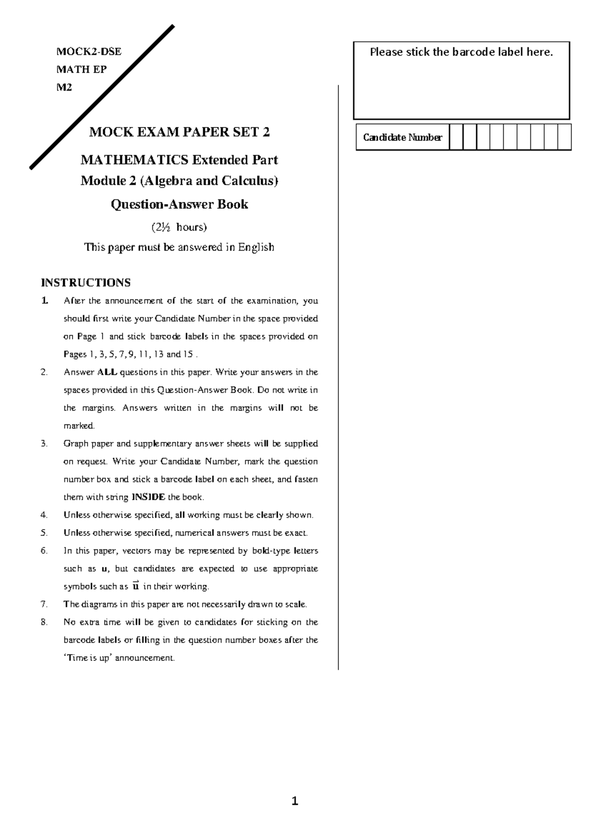 MATH EP M2 MOCK EXAM PAPER SET 2 - Algebra & Calculus - Studocu