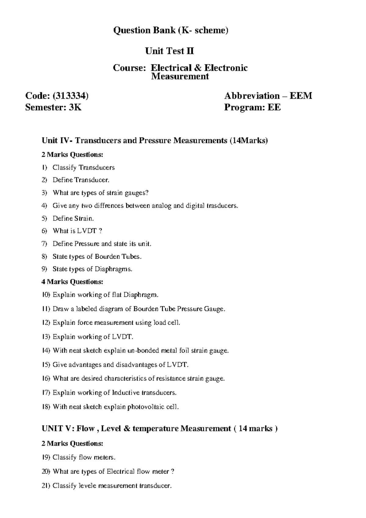 Unit Test II Questions for Electrical & Electronic Measurement (EEM ...