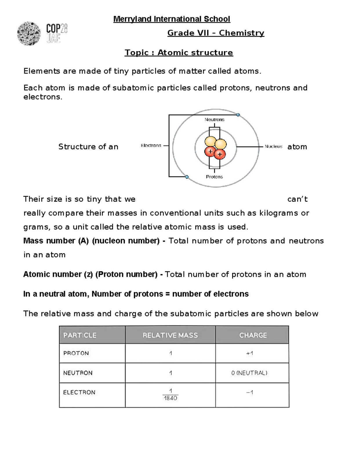 Grade VII Chemistry: Atomic Structure Notes for Study - Studocu