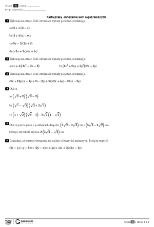 1 2 Wyrażenia algebraiczne - Kl. 1 LO przykładowe zadania na klasówkę 2