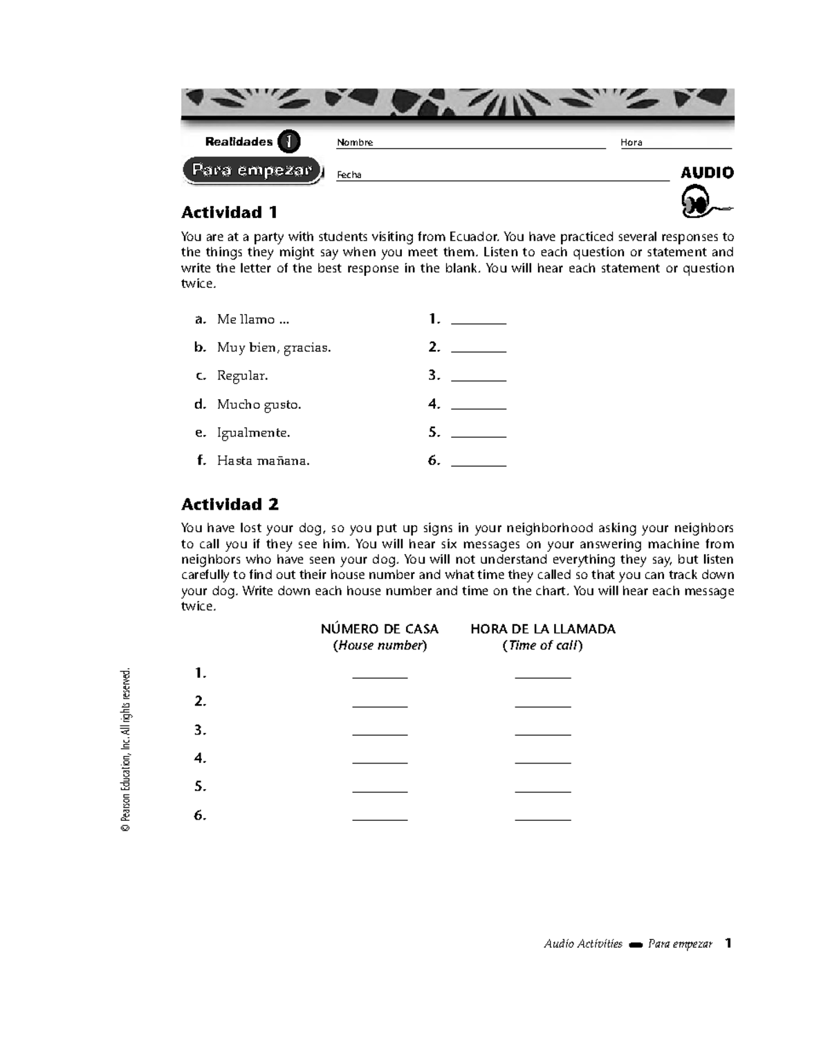 Sp1 WAVp1 PE Audio Activities for Realidades 1-2 - Studocu