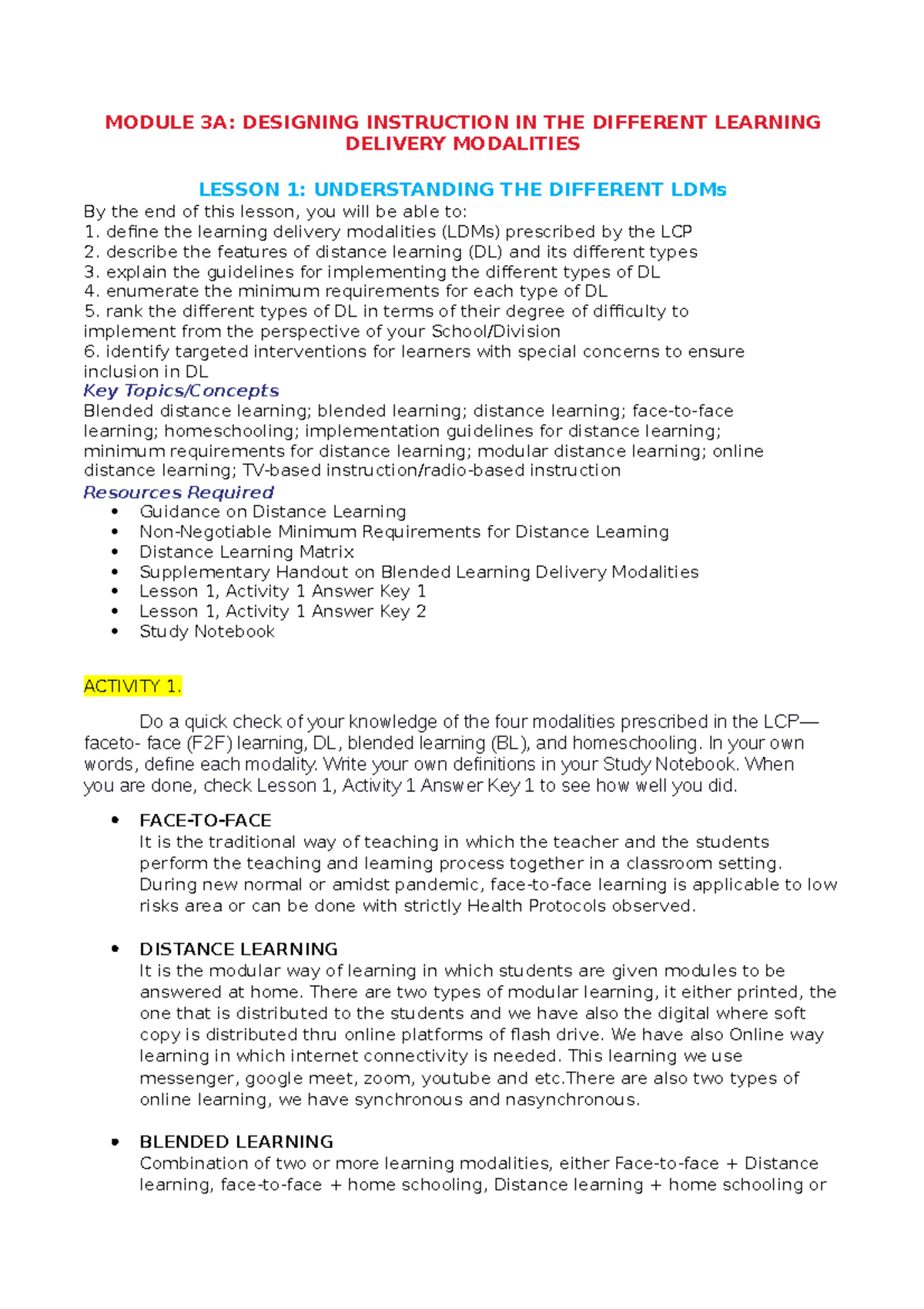 LDM 3A - Designing Instruction in Different Learning Modalities - Studocu