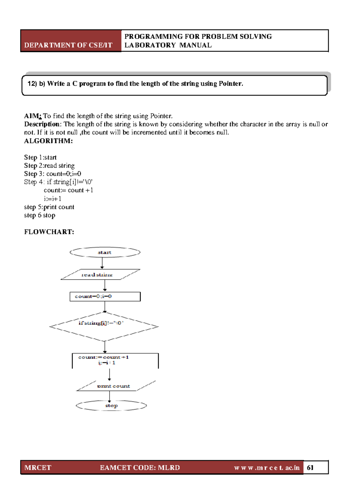 CSE/IT Lab Manual: C Program to Determine String Length Using Pointers ...