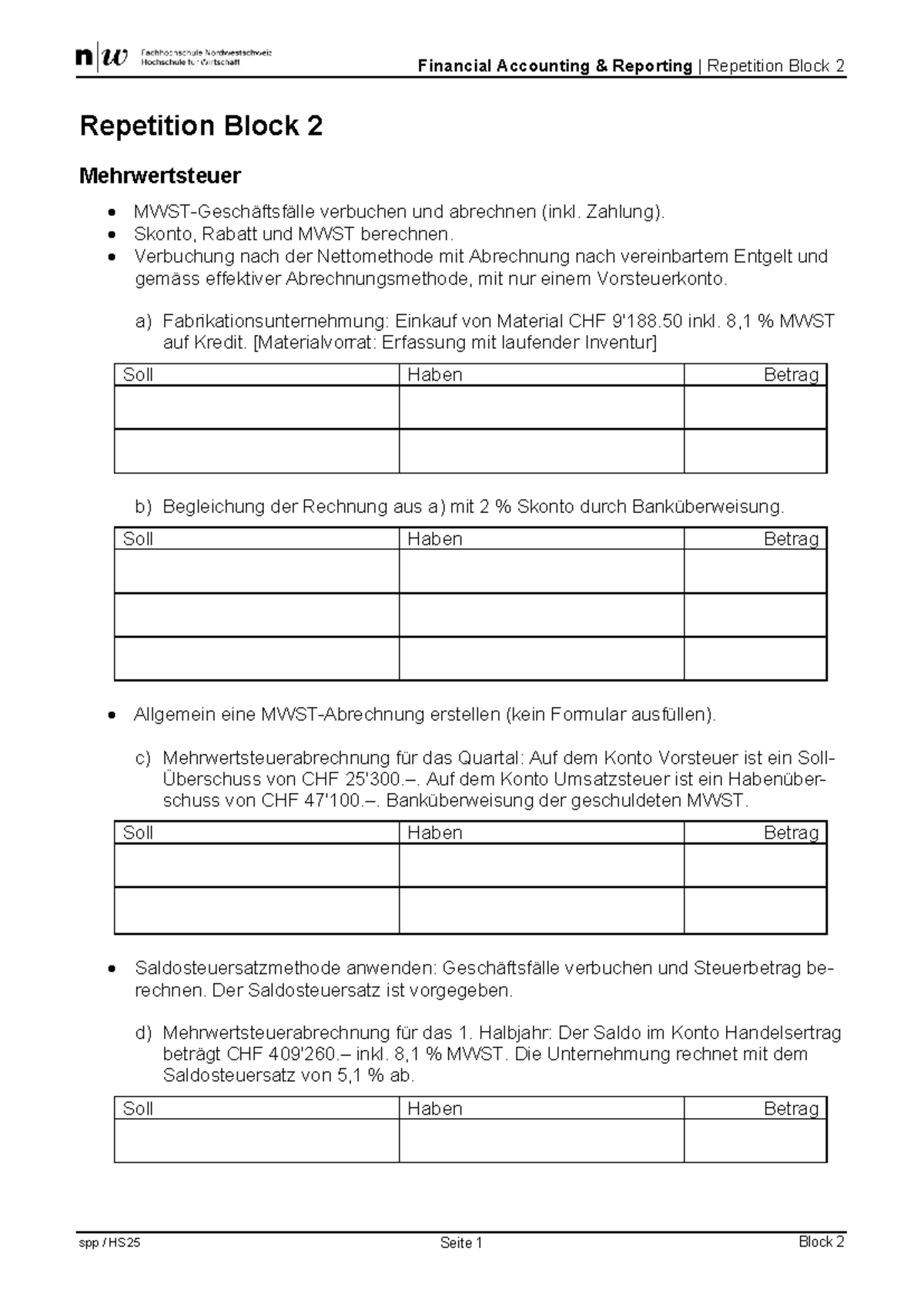 Repetition Block 2: Finanzbuchhaltung und Mehrwertsteuerabrechnung ...