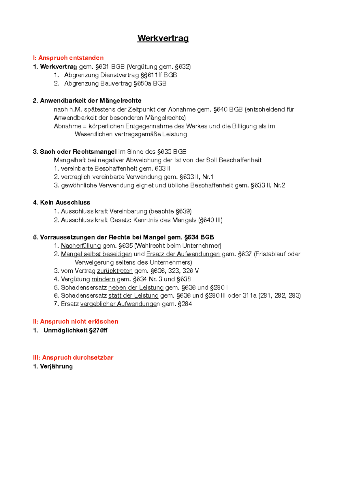 Werkvertrag - schema - Werkvertrag I: Anspruch entstanden Werkvertrag ...