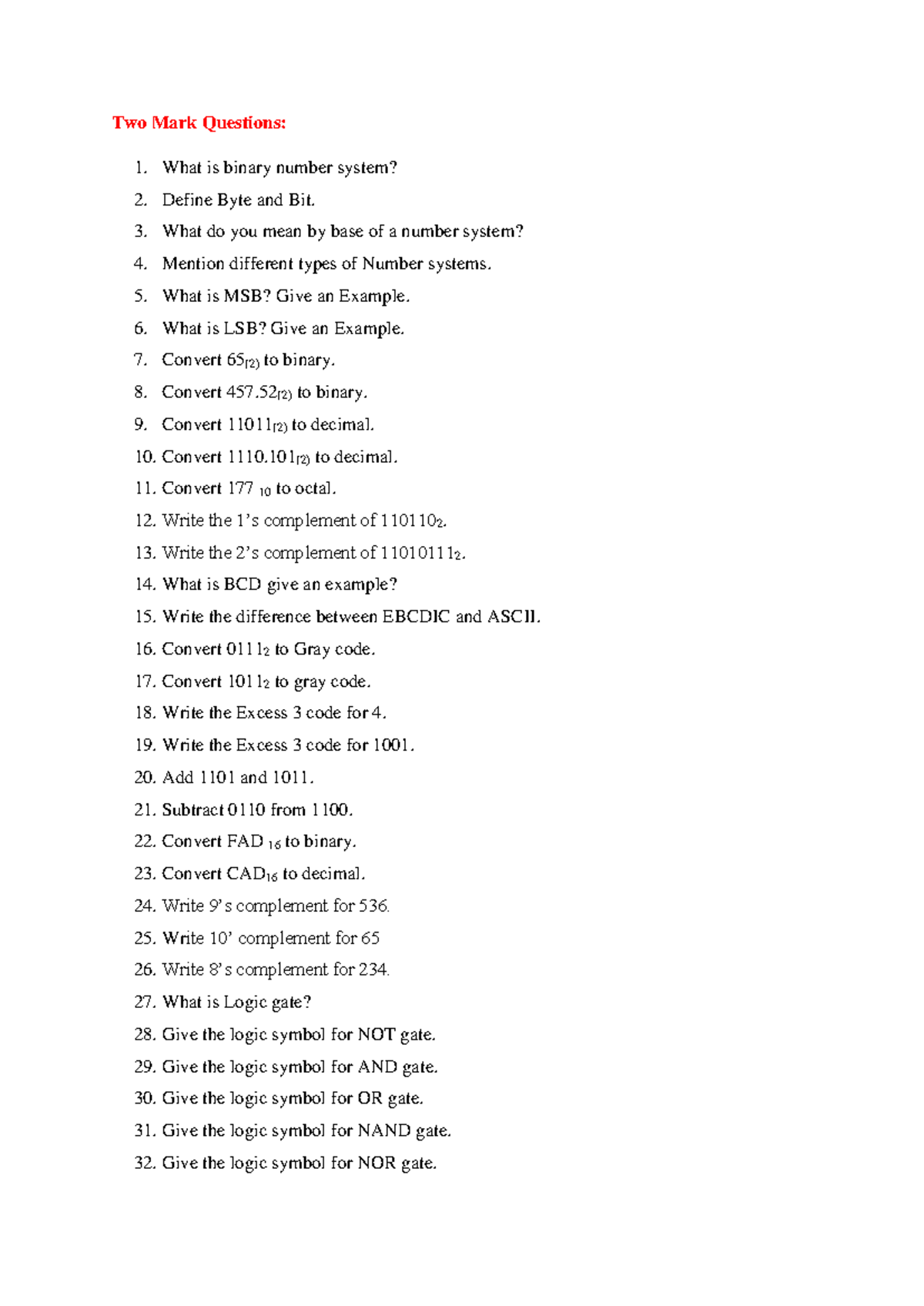 QB CA Number System - good - Two Mark Questions: 1. What is binary ...