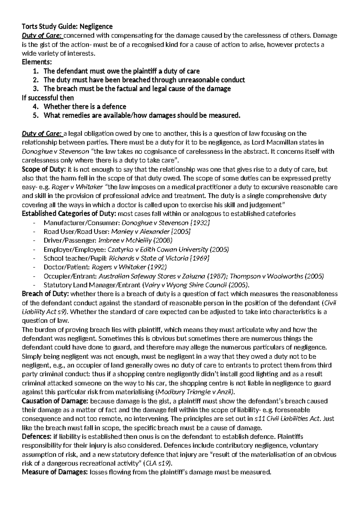 Torts Study Guide: Negligence and Duty of Care Principles Explained ...