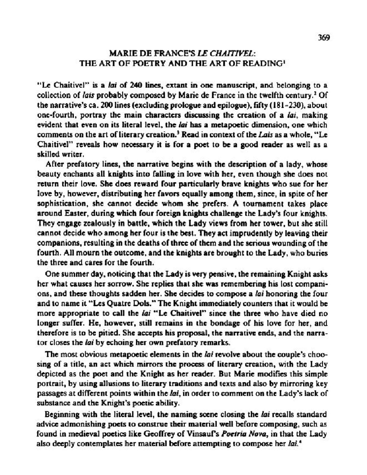 369 MARIE DE FRANCE'S LAI: POETRY, READING, AND CREATIVE PROCESS - Studocu