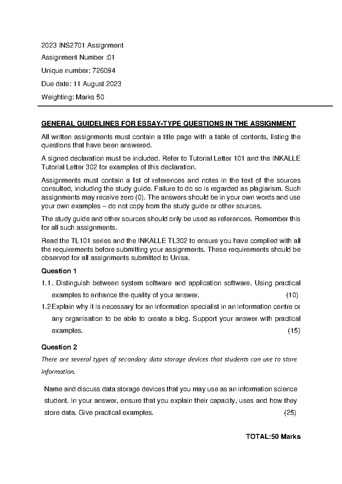 INS2701 Assessment 01 Guidelines for Essay-Type Questions - Studocu