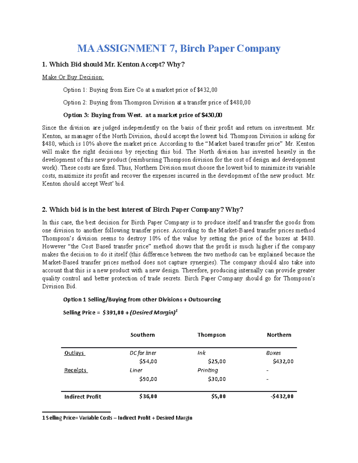 Birch Paper Company MA Assignment 7: Bidding Decisions Analysis - Studocu