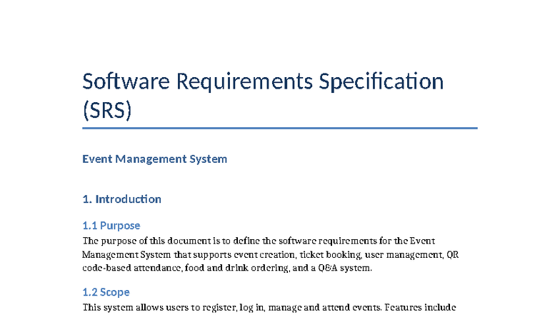 Event Management System SRS: Software Requirements Overview - Studocu