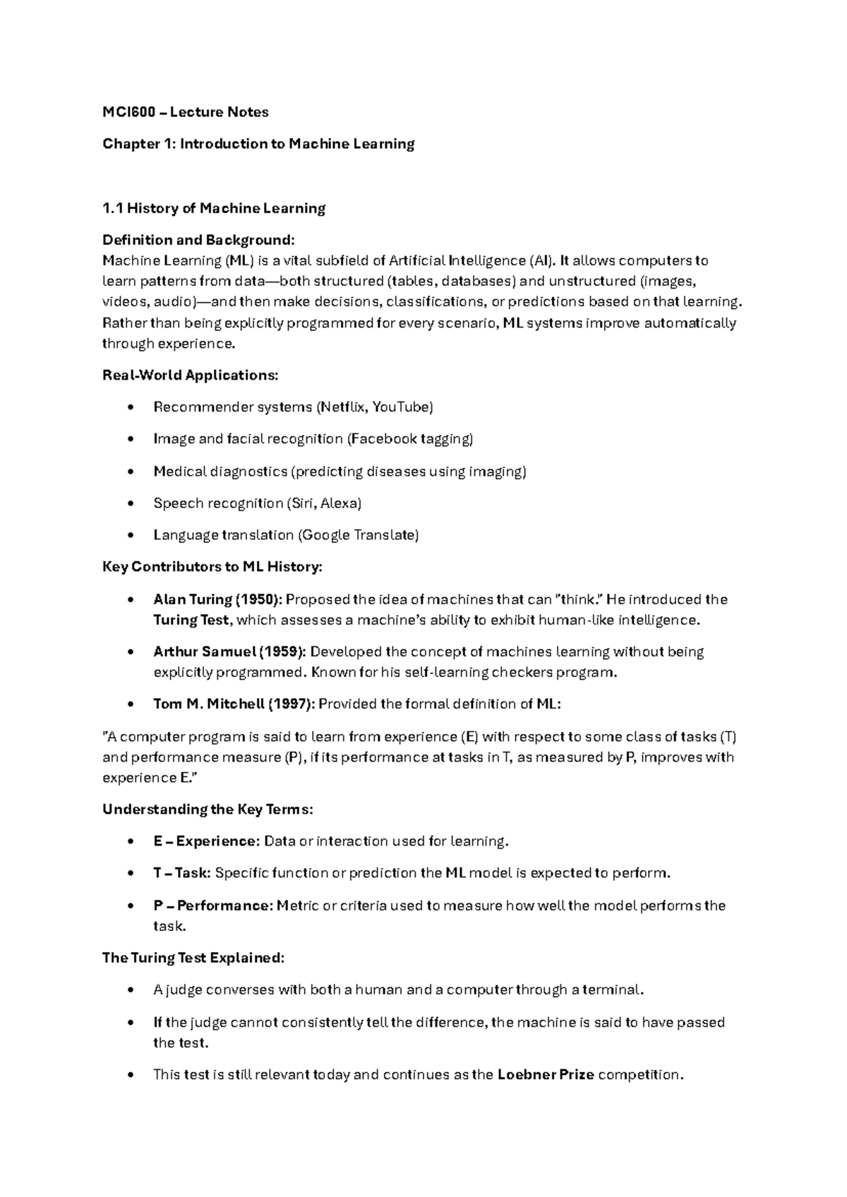 MCI600 Lecture Notes: Intro to Machine Learning & Key Concepts - Studocu