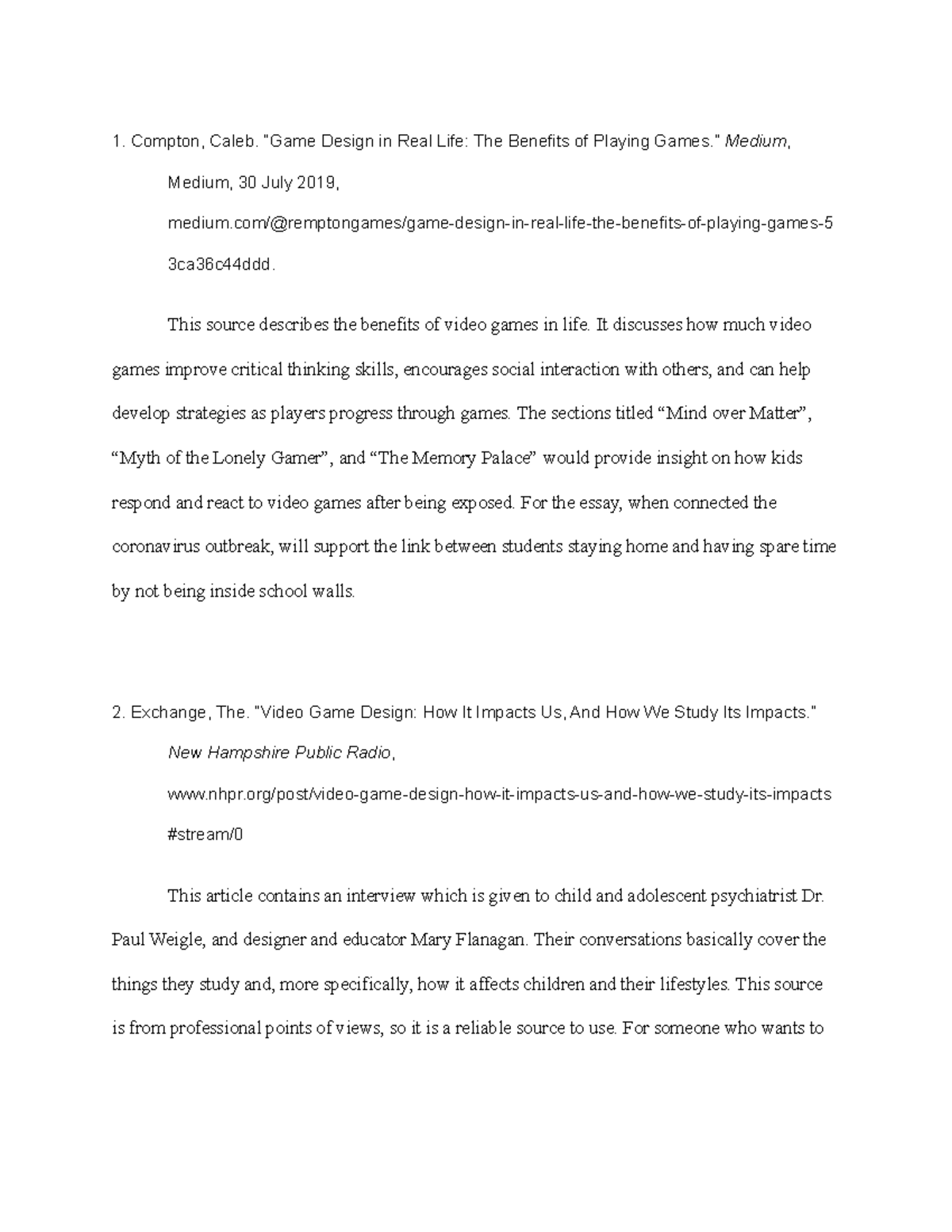 Annotated Bibliography Example: Benefits of Video Games and Design ...