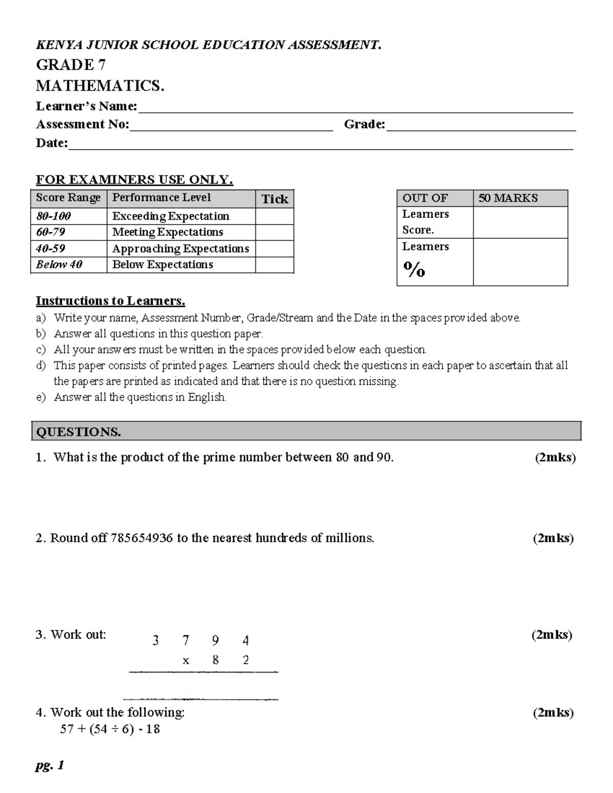 Grade 7 MATH QTNS - Mathematics practice - KENYA JUNIOR SCHOOL ...