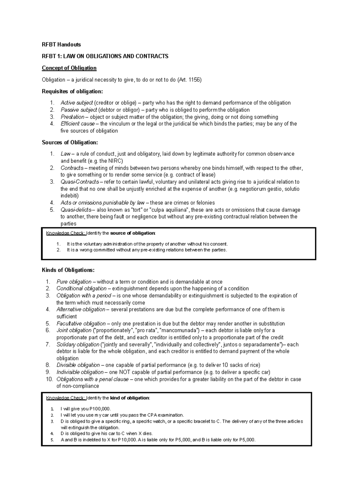 RFBT 1: LAW ON OBLIGATIONS AND CONTRACTS Review Handouts - Studocu