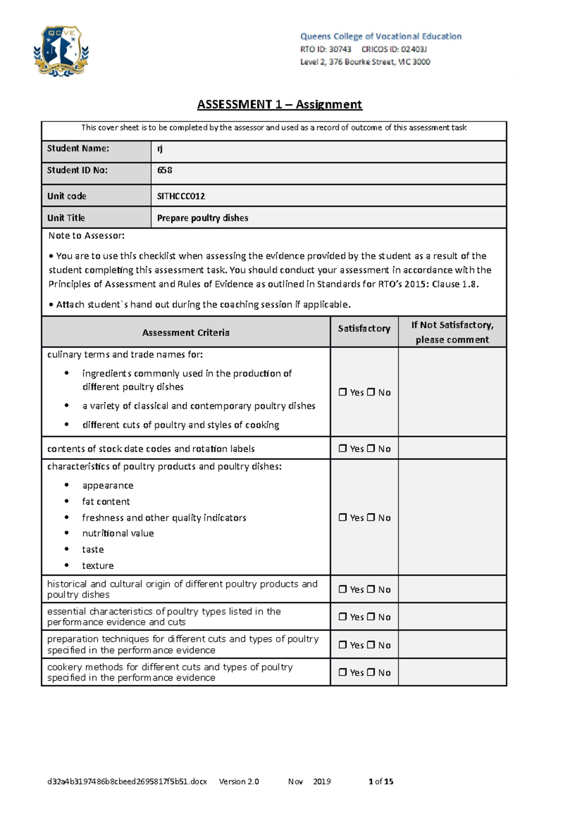 Sithccc012 Prepare poultry dishes - ASSESSMENT 1 – Assignment This ...