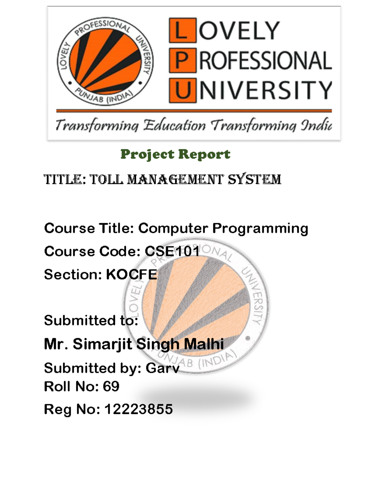 C Project Report - c language - Project Report Title: Toll Management ...