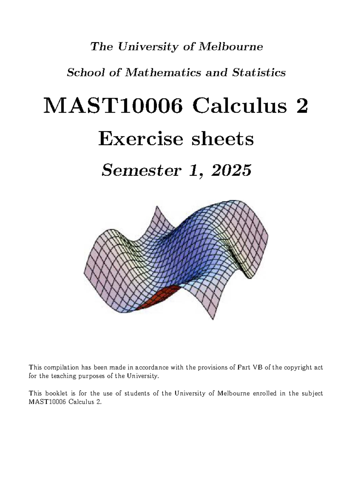 Calculus 2 exercise sheets 2025s1 (Sections 1-7) - The University of ...