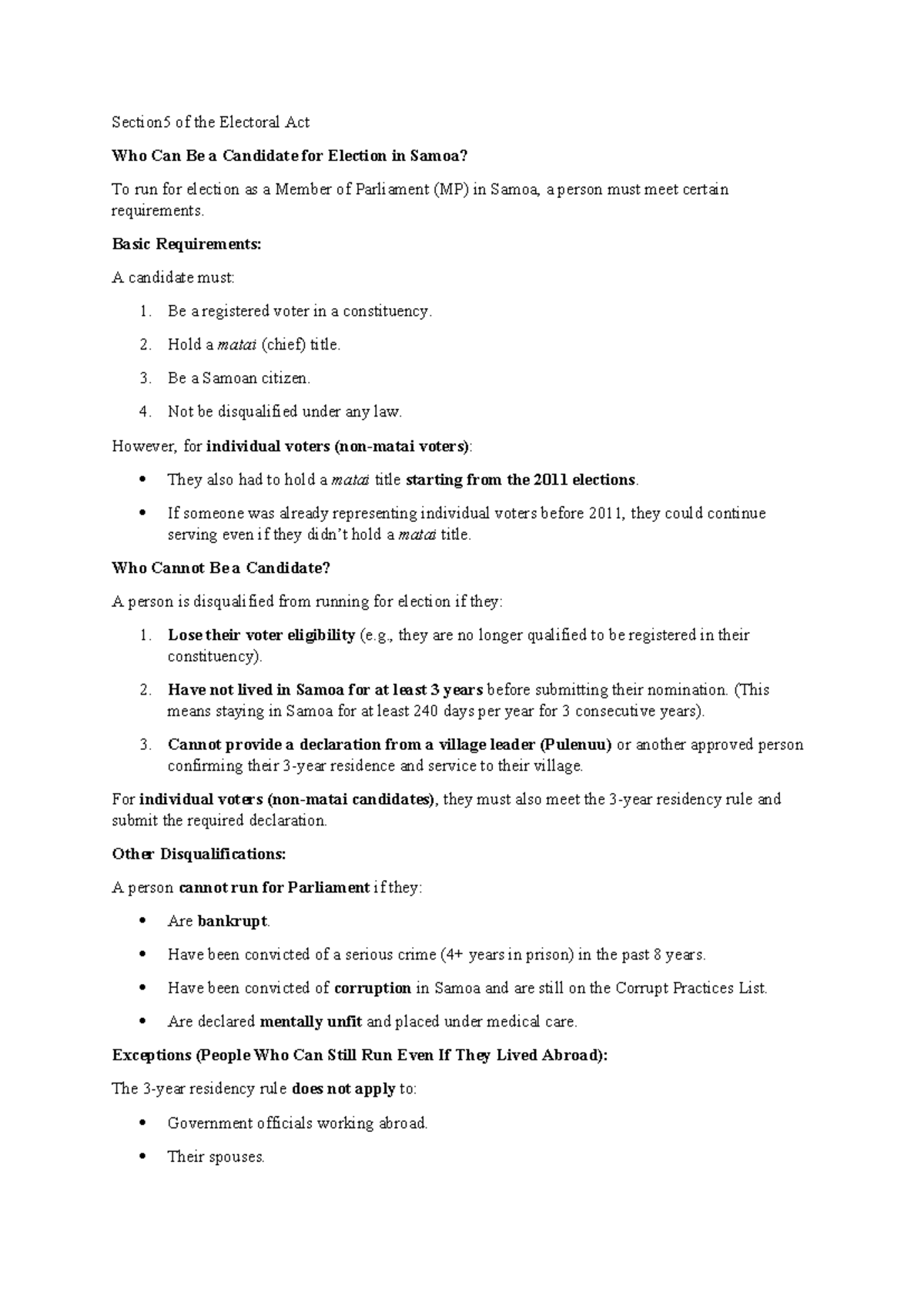 Section 5 of the Electoral Act - Basic Requirements: A candidate must ...
