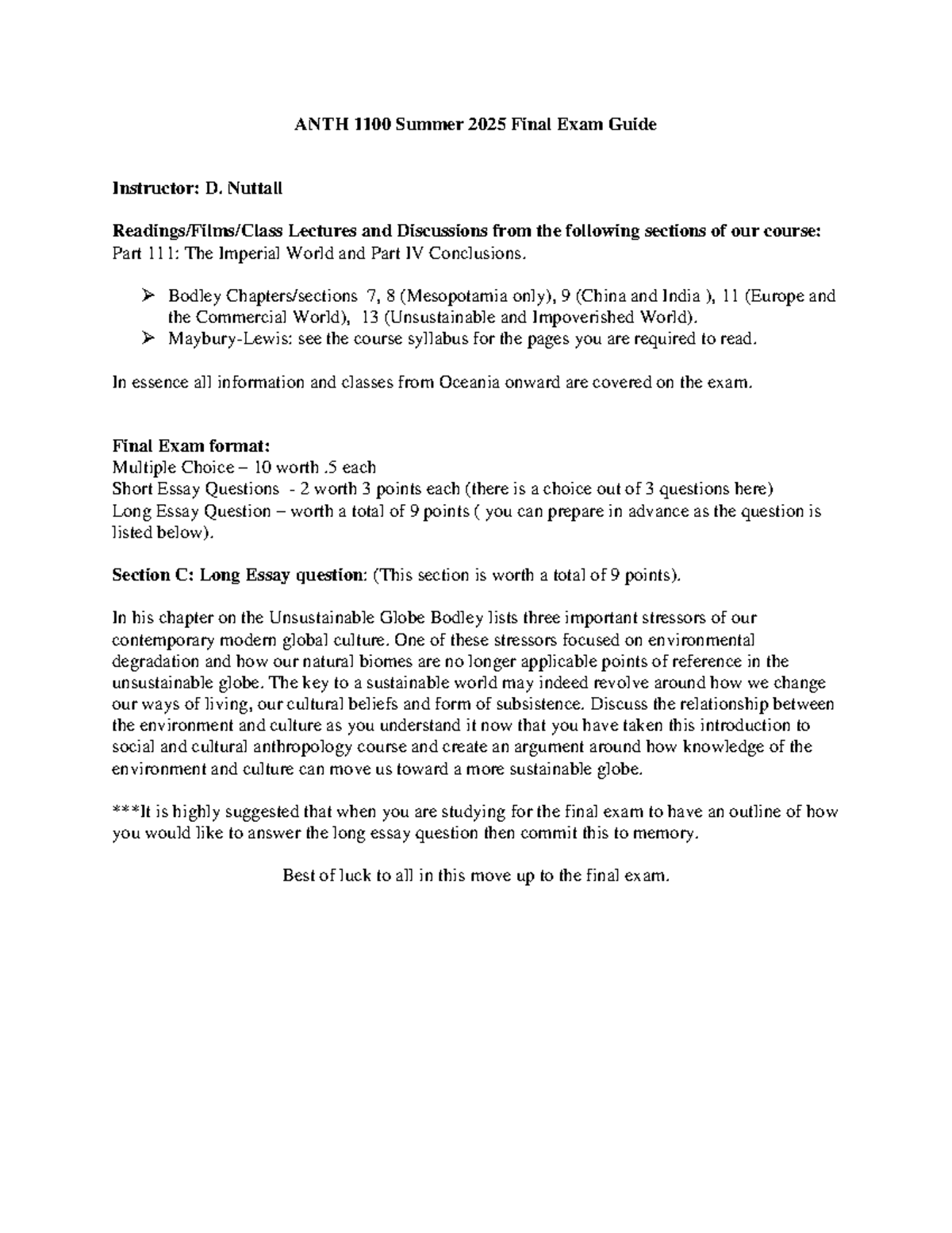 ANTH 1100 Summer 2025 Final Exam Study Guide: Key Topics & Format - Studocu