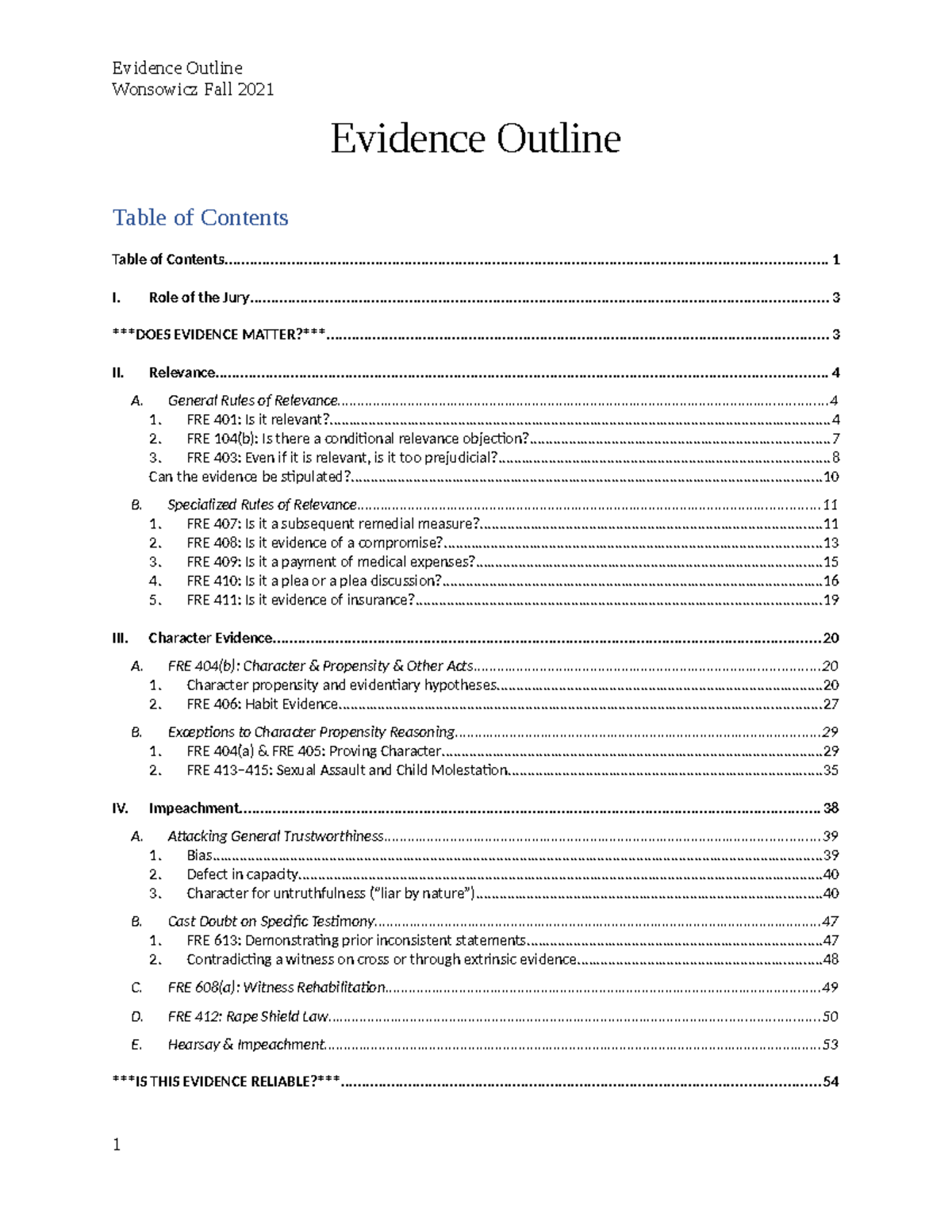 Evidence outline - Evidence Outline Wonsowicz Fall Table of - Studocu