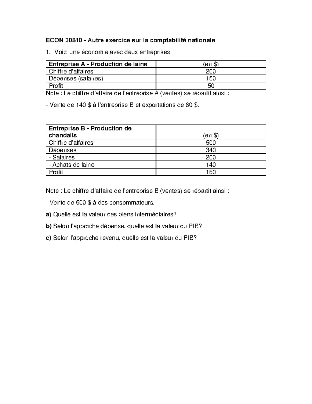 ECON 30810 Exercice Supplémentaire sur la Comptabilité Nationale - Studocu