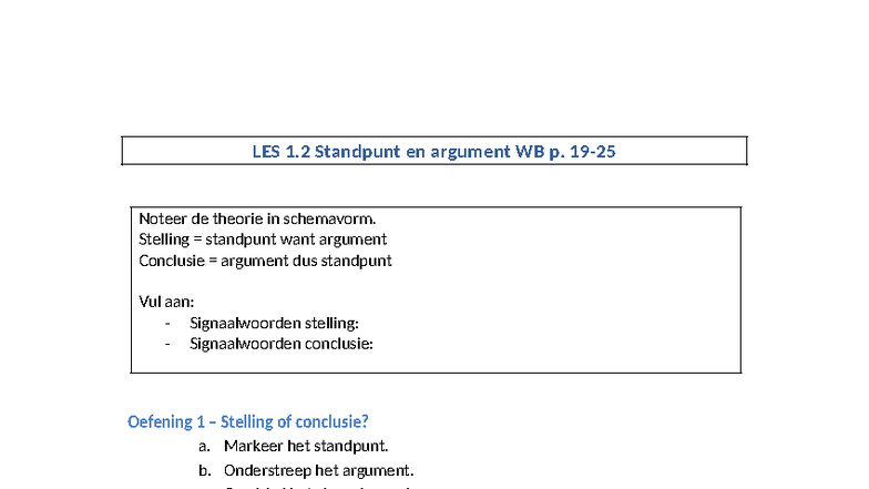 LES 1.2 Standpunt en Argument: Theorie en Oefeningen - Studocu